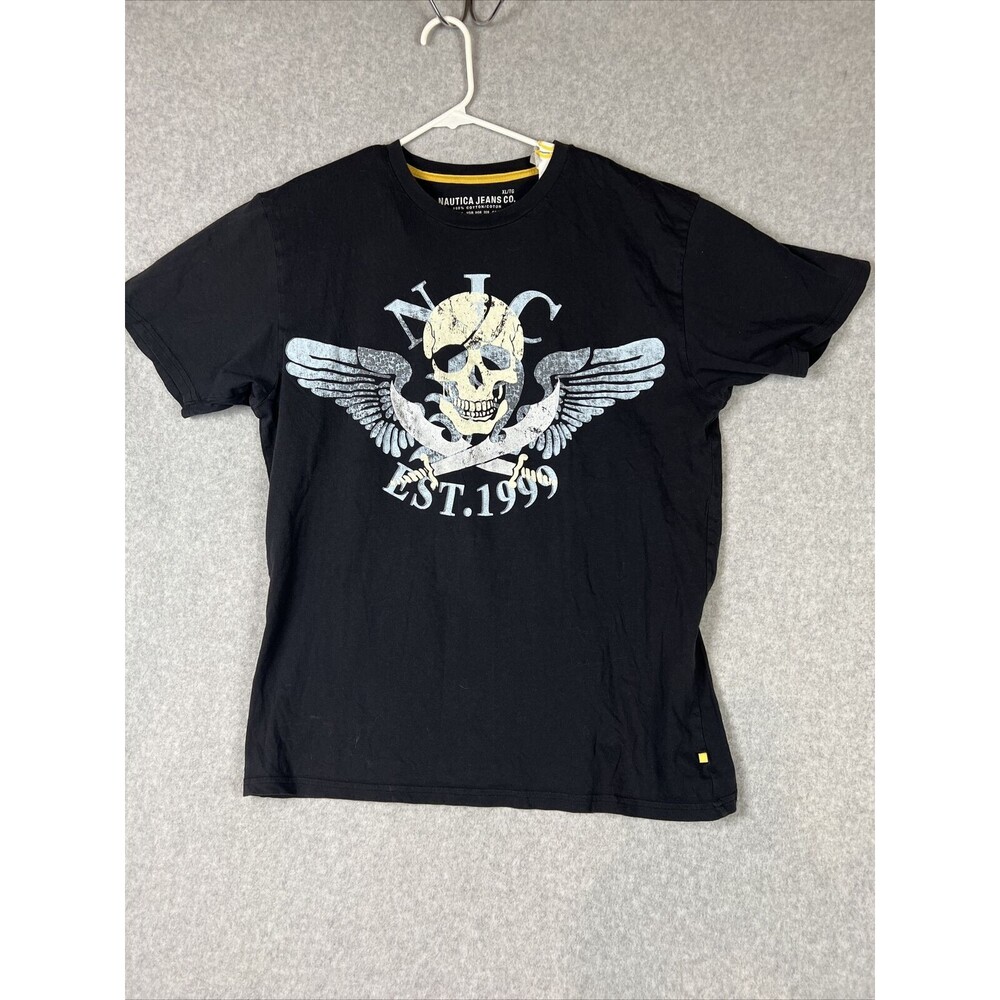 Nautica Jeans Co Mens XL T-Shirt Skull Print Black & Blue Short Sleeve